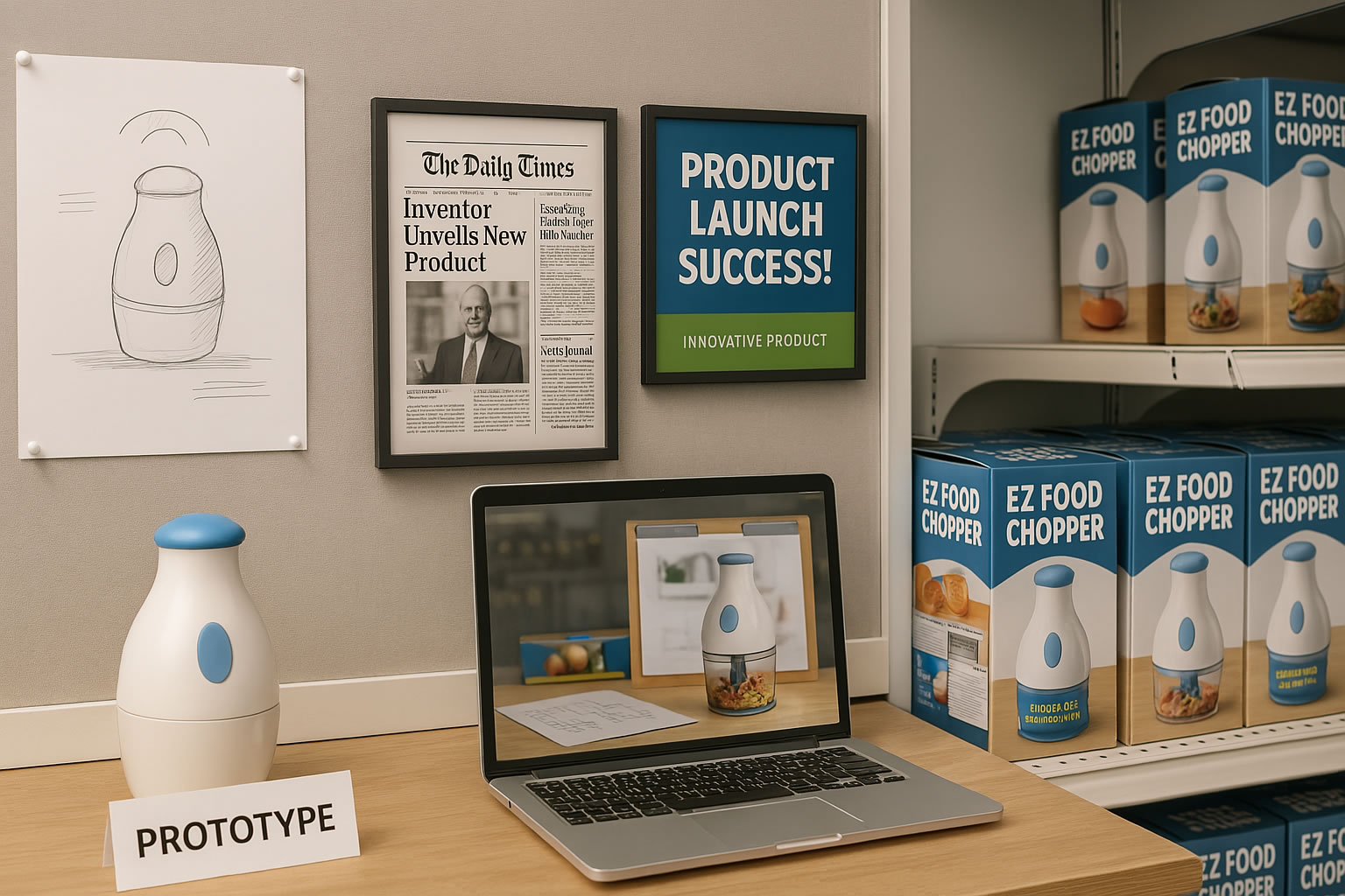 A prototype is displayed next to the final manufactured, retail product
